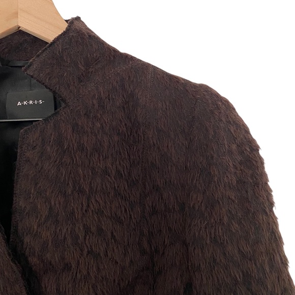 Akris Chocolate Brown Faux Fur Blazer 3 Button Geometric Collar Alpaca/Wool - Picture 3 of 10